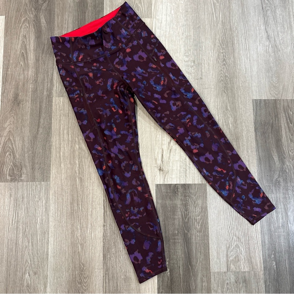 Athleta Leggings Womens Small Purple Rainier Leopard 7/8 Tights Zip Pockets